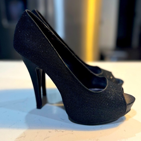 Chinese Laundry Sparkly Black 5” Heels open toe 1.5” platform- Size 8M - Picture 5 of 11
